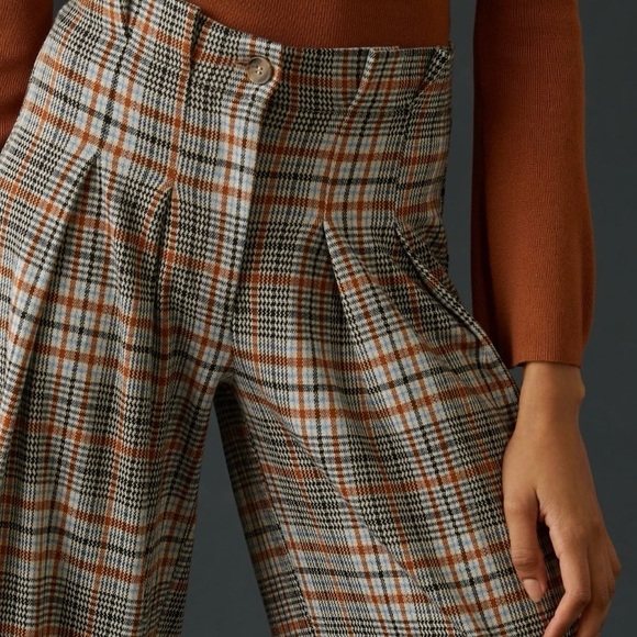 Anthropologie Maeve Checkered Pleated Wide Leg Trousers in Brown and Black - Picture 4 of 12